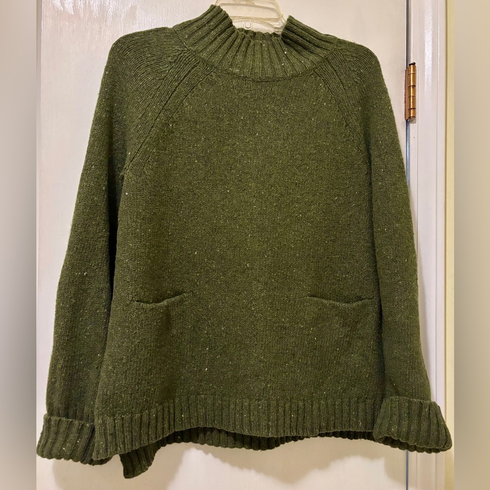 J.Jill Cotton Wool Blend Sweater Forest Green Speckled pockets mock turtleneck